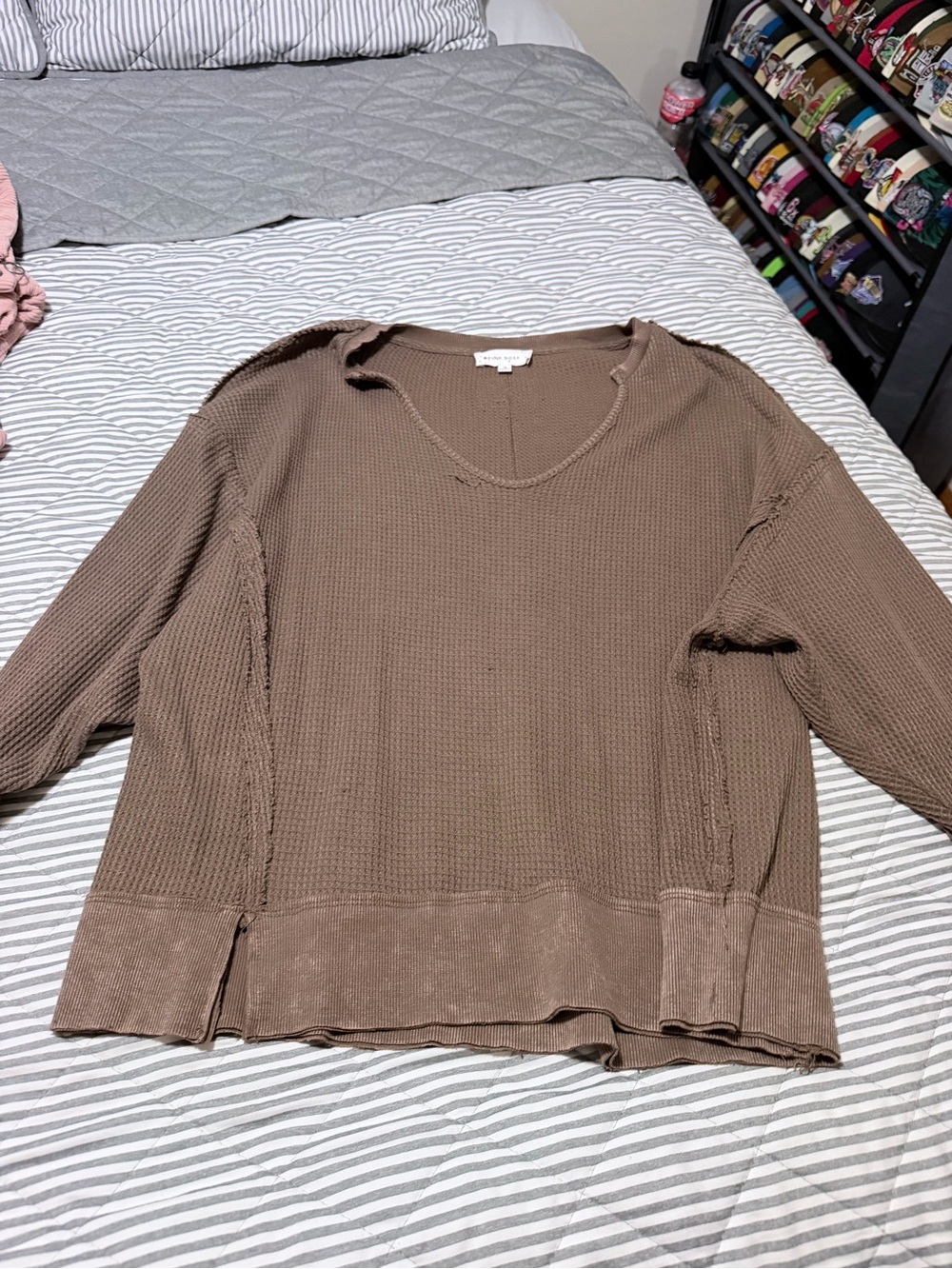 Pink Rose Waffle-Knit V-Neck Sweatshirt in Brown